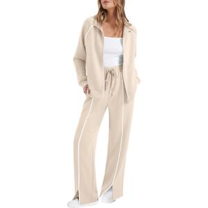 imageSAMPEEL 2 Piece Outfits for Women Lounge Sets Matching Sets Fall Fashion Clothing Travel Airport Vacation Clothes Pant SetsApricot