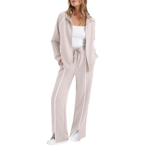 imageSAMPEEL 2 Piece Outfits for Women Lounge Sets Matching Sets Fall Fashion Clothing Travel Airport Vacation Clothes Pant SetsBeige
