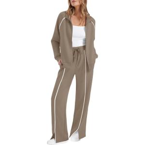 imageSAMPEEL 2 Piece Outfits for Women Lounge Sets Matching Sets Fall Fashion Clothing Travel Airport Vacation Clothes Pant SetsCoffee