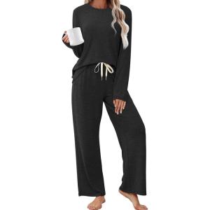 imageSAMPEEL Pajamas for Women Set Comfy Lounge Sets Two Piece Long Sleeve Cute Pjs Soft Sleepwear Winter ClothingBlack
