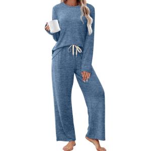 imageSAMPEEL Pajamas for Women Set Comfy Lounge Sets Two Piece Long Sleeve Cute Pjs Soft Sleepwear Winter ClothingDark Blue