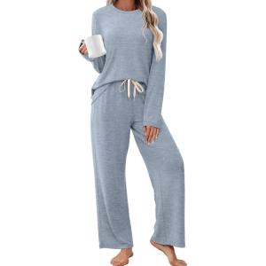 imageSAMPEEL Pajamas for Women Set Comfy Lounge Sets Two Piece Long Sleeve Cute Pjs Soft Sleepwear Winter ClothingLight Blue