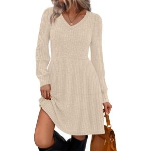 imageSAMPEEL Womens V Neck Long Sleeve Fall Dresses Baby Doll Casual Sweater Dress Fashion ClothesApricot
