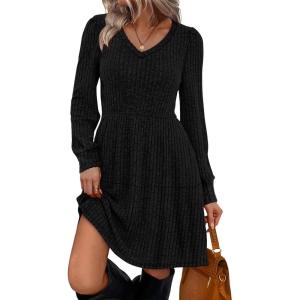 imageSAMPEEL Womens V Neck Long Sleeve Fall Dresses Baby Doll Casual Sweater Dress Fashion ClothesBlack
