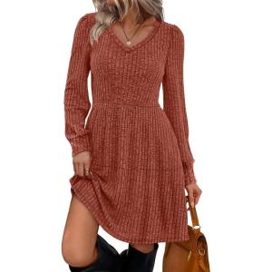 imageSAMPEEL Womens V Neck Long Sleeve Fall Dresses Baby Doll Casual Sweater Dress Fashion ClothesCaramel