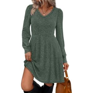 imageSAMPEEL Womens V Neck Long Sleeve Fall Dresses Baby Doll Casual Sweater Dress Fashion ClothesGreen