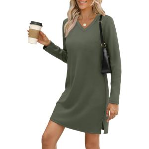 imageSampeel Dresses for Women 2025 Casual Long Sleeve V Neck Tshirt Dress Side Split Fashion Fall OutfitsGreen