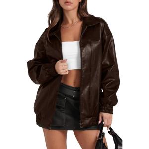 imageSampeel Leather Jacket Women Faux Oversized Motorcycle Bomber Coats 2025 Fall Fashion Outfits Winter ClothesAdark Brown