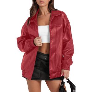 imageSampeel Leather Jacket Women Faux Oversized Motorcycle Bomber Coats 2025 Fall Fashion Outfits Winter ClothesBright Red