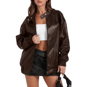 imageSampeel Leather Jacket Women Faux Oversized Motorcycle Bomber Coats 2025 Fall Fashion Outfits Winter ClothesDark Brown