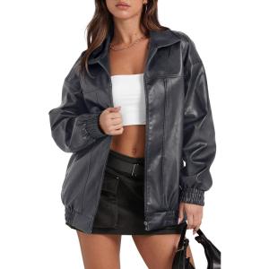 imageSampeel Leather Jacket Women Faux Oversized Motorcycle Bomber Coats 2025 Fall Fashion Outfits Winter ClothesGrey