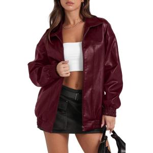 imageSampeel Leather Jacket Women Faux Oversized Motorcycle Bomber Coats 2025 Fall Fashion Outfits Winter ClothesRed
