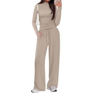 imageSampeel Two Piece Lounge Set for Women 2 Piece Fall Outfits 2025 Mock Neck Ruched Tops Wide Leg Pants Travel AirportApricot Long