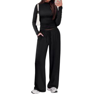imageSampeel Two Piece Lounge Set for Women 2 Piece Fall Outfits 2025 Mock Neck Ruched Tops Wide Leg Pants Travel AirportBlack Regular