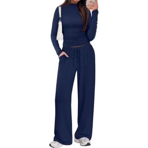 imageSampeel Two Piece Lounge Set for Women 2 Piece Fall Outfits 2025 Mock Neck Ruched Tops Wide Leg Pants Travel AirportNavy Blue Regular