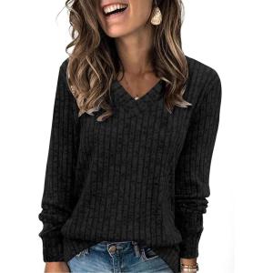 imageSampeel V Neck Long Sleeve Shirts for Women Casual Fall Tops Lightweight Tunic Sweaters Fashion Clothes Loose Fit 2025Black
