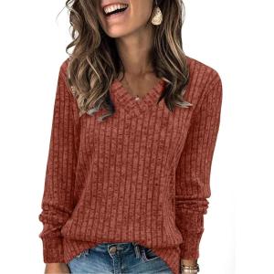 imageSampeel V Neck Long Sleeve Shirts for Women Casual Fall Tops Lightweight Tunic Sweaters Fashion Clothes Loose Fit 2025Caramel