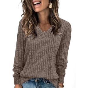 imageSampeel V Neck Long Sleeve Shirts for Women Casual Fall Tops Lightweight Tunic Sweaters Fashion Clothes Loose Fit 2025Coffee