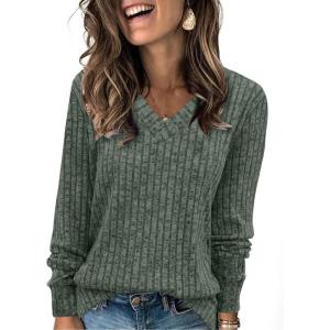 imageSampeel V Neck Long Sleeve Shirts for Women Casual Fall Tops Lightweight Tunic Sweaters Fashion Clothes Loose Fit 2025Green