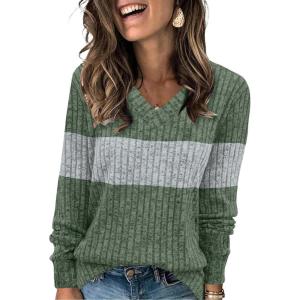 imageSampeel V Neck Long Sleeve Shirts for Women Casual Fall Tops Lightweight Tunic Sweaters Fashion Clothes Loose Fit 2025Green Color Block