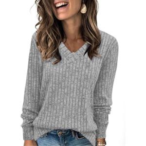imageSampeel V Neck Long Sleeve Shirts for Women Casual Fall Tops Lightweight Tunic Sweaters Fashion Clothes Loose Fit 2025Grey