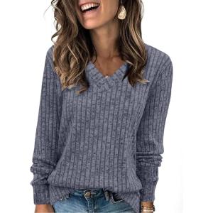 imageSampeel V Neck Long Sleeve Shirts for Women Casual Fall Tops Lightweight Tunic Sweaters Fashion Clothes Loose Fit 2025Grey Blue