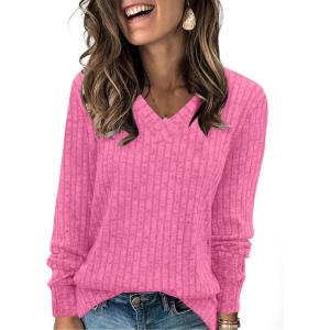 imageSampeel V Neck Long Sleeve Shirts for Women Casual Fall Tops Lightweight Tunic Sweaters Fashion Clothes Loose Fit 2025Hot Pink