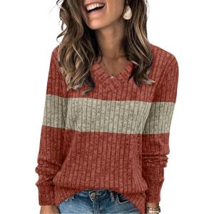 imageSampeel V Neck Long Sleeve Shirts for Women Casual Fall Tops Lightweight Tunic Sweaters Fashion Clothes Loose Fit 2025Khaki Color Block