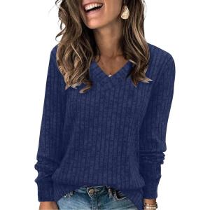 imageSampeel V Neck Long Sleeve Shirts for Women Casual Fall Tops Lightweight Tunic Sweaters Fashion Clothes Loose Fit 2025Navy Blue