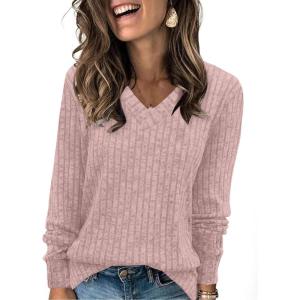 imageSampeel V Neck Long Sleeve Shirts for Women Casual Fall Tops Lightweight Tunic Sweaters Fashion Clothes Loose Fit 2025Pink