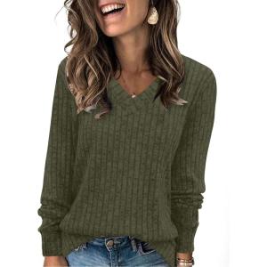 imageSampeel V Neck Long Sleeve Shirts for Women Casual Fall Tops Lightweight Tunic Sweaters Fashion Clothes Loose Fit 2025Pretty Arm Green