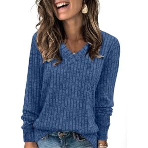 imageSampeel V Neck Long Sleeve Shirts for Women Casual Fall Tops Lightweight Tunic Sweaters Fashion Clothes Loose Fit 2025Pretty Blue