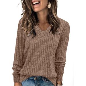 imageSampeel V Neck Long Sleeve Shirts for Women Casual Fall Tops Lightweight Tunic Sweaters Fashion Clothes Loose Fit 2025Pretty Brown