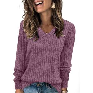 imageSampeel V Neck Long Sleeve Shirts for Women Casual Fall Tops Lightweight Tunic Sweaters Fashion Clothes Loose Fit 2025Purple Red