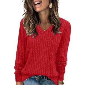imageSampeel V Neck Long Sleeve Shirts for Women Casual Fall Tops Lightweight Tunic Sweaters Fashion Clothes Loose Fit 2025Red