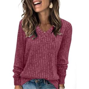imageSampeel V Neck Long Sleeve Shirts for Women Casual Fall Tops Lightweight Tunic Sweaters Fashion Clothes Loose Fit 2025Rose Red