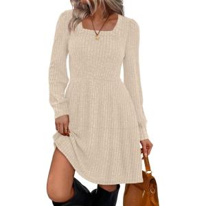 imageSampeel Womens Square Neck Long Sleeve Fall Dresses Casual Babydoll Sweater DressApricot
