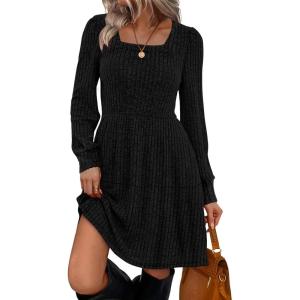 imageSampeel Womens Square Neck Long Sleeve Fall Dresses Casual Babydoll Sweater DressBlack