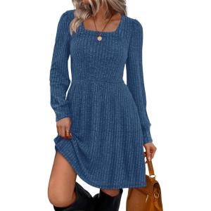 imageSampeel Womens Square Neck Long Sleeve Fall Dresses Casual Babydoll Sweater DressBlue