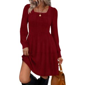 imageSampeel Womens Square Neck Long Sleeve Fall Dresses Casual Babydoll Sweater DressBurgundy