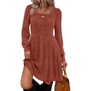 imageSampeel Womens Square Neck Long Sleeve Fall Dresses Casual Babydoll Sweater DressCaramel
