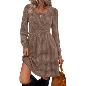 imageSampeel Womens Square Neck Long Sleeve Fall Dresses Casual Babydoll Sweater DressCoffee