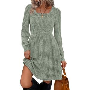 imageSampeel Womens Square Neck Long Sleeve Fall Dresses Casual Babydoll Sweater DressCream Green