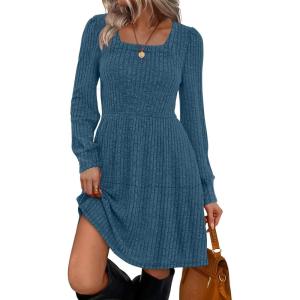 imageSampeel Womens Square Neck Long Sleeve Fall Dresses Casual Babydoll Sweater DressDark Blue
