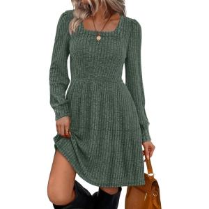 imageSampeel Womens Square Neck Long Sleeve Fall Dresses Casual Babydoll Sweater DressGreen