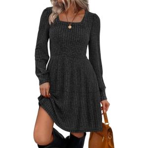 imageSampeel Womens Square Neck Long Sleeve Fall Dresses Casual Babydoll Sweater DressGrey