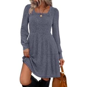 imageSampeel Womens Square Neck Long Sleeve Fall Dresses Casual Babydoll Sweater DressGrey Blue