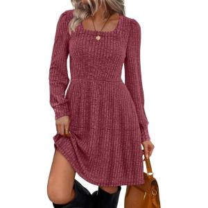 imageSampeel Womens Square Neck Long Sleeve Fall Dresses Casual Babydoll Sweater DressHot Pink