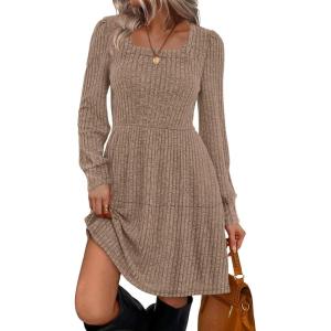 imageSampeel Womens Square Neck Long Sleeve Fall Dresses Casual Babydoll Sweater DressKhaki