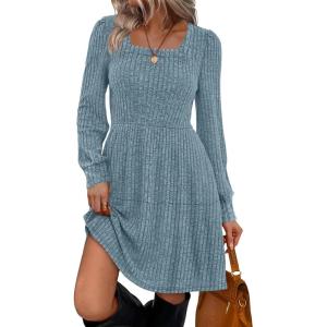 imageSampeel Womens Square Neck Long Sleeve Fall Dresses Casual Babydoll Sweater DressLight Blue